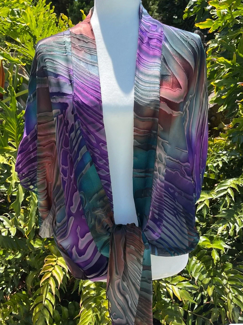 100% Silk Abstract Print Sheer Kimono Cardigan in Purple & Teal one size